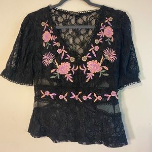 Topshop Black Lace Embroidered Floral Top Size 8